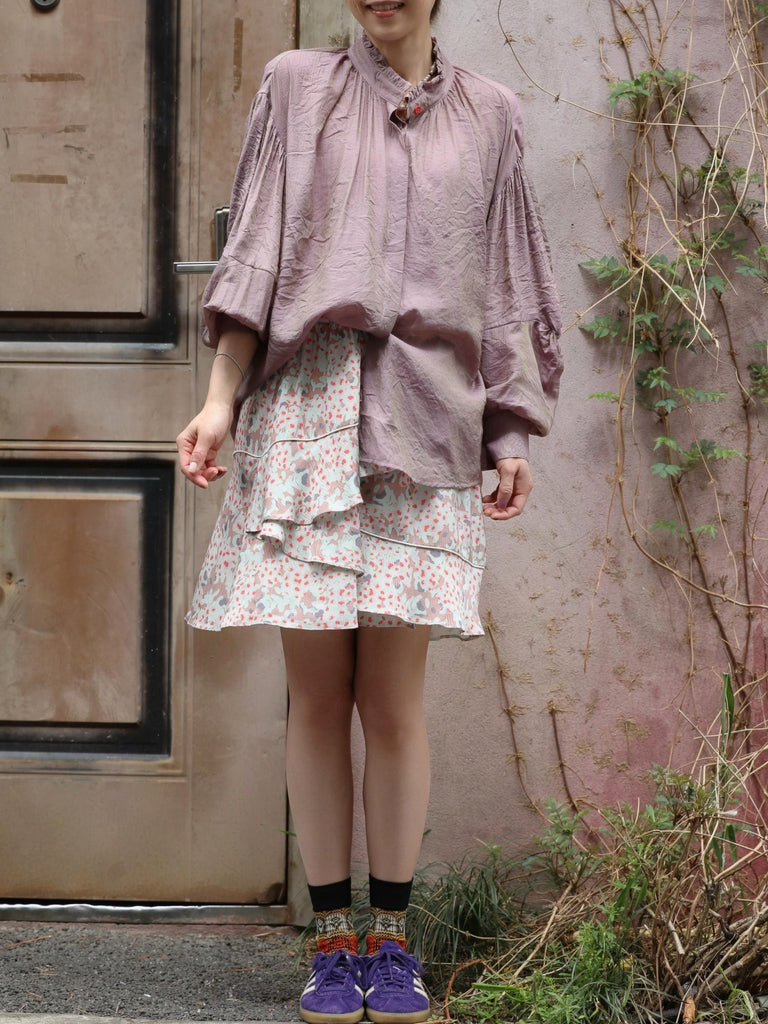 Dusty Violet Crinkled Knot Balloon Sleeve Longline Blouse