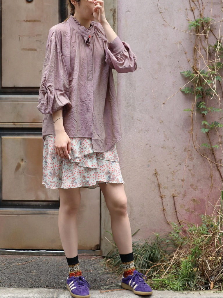 Dusty Violet Crinkled Knot Balloon Sleeve Longline Blouse