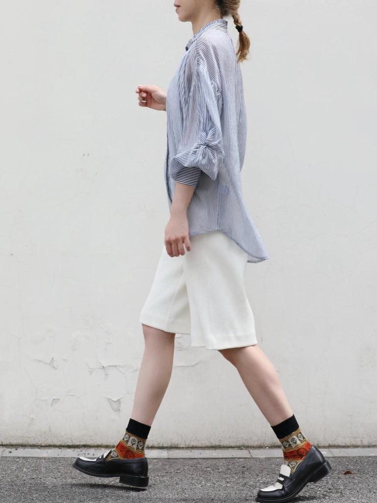 Blue White Striped Knot Balloon Sleeve Longline Blouse