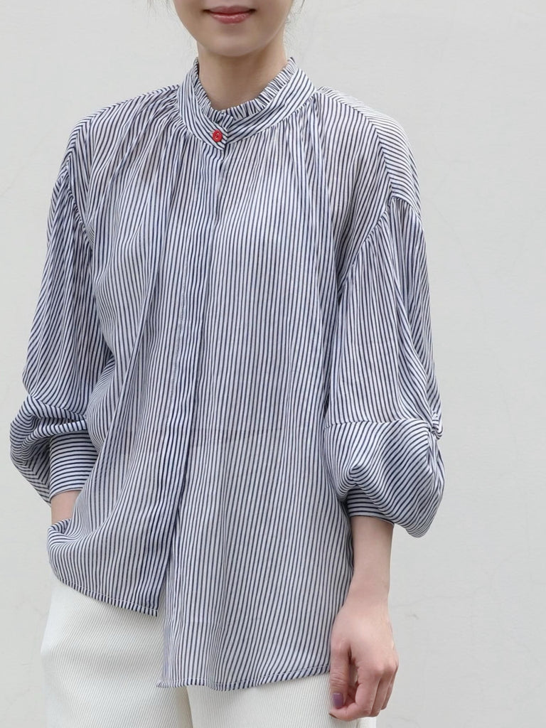 Blue White Striped Knot Balloon Sleeve Longline Blouse