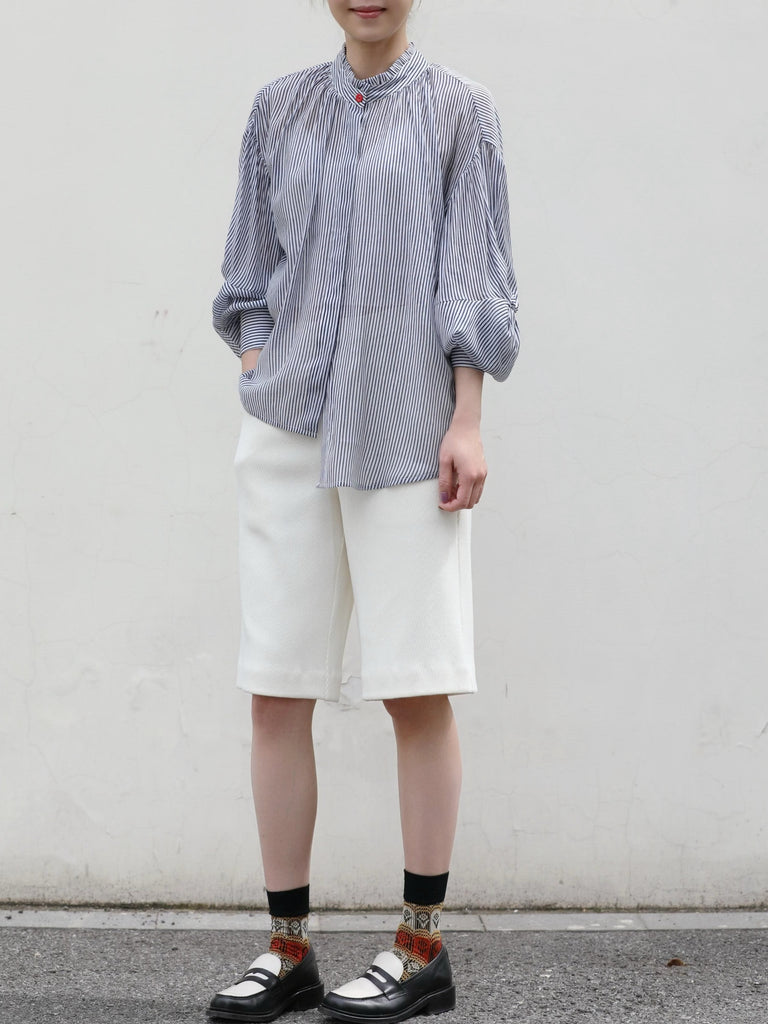 Blue White Striped Knot Balloon Sleeve Longline Blouse