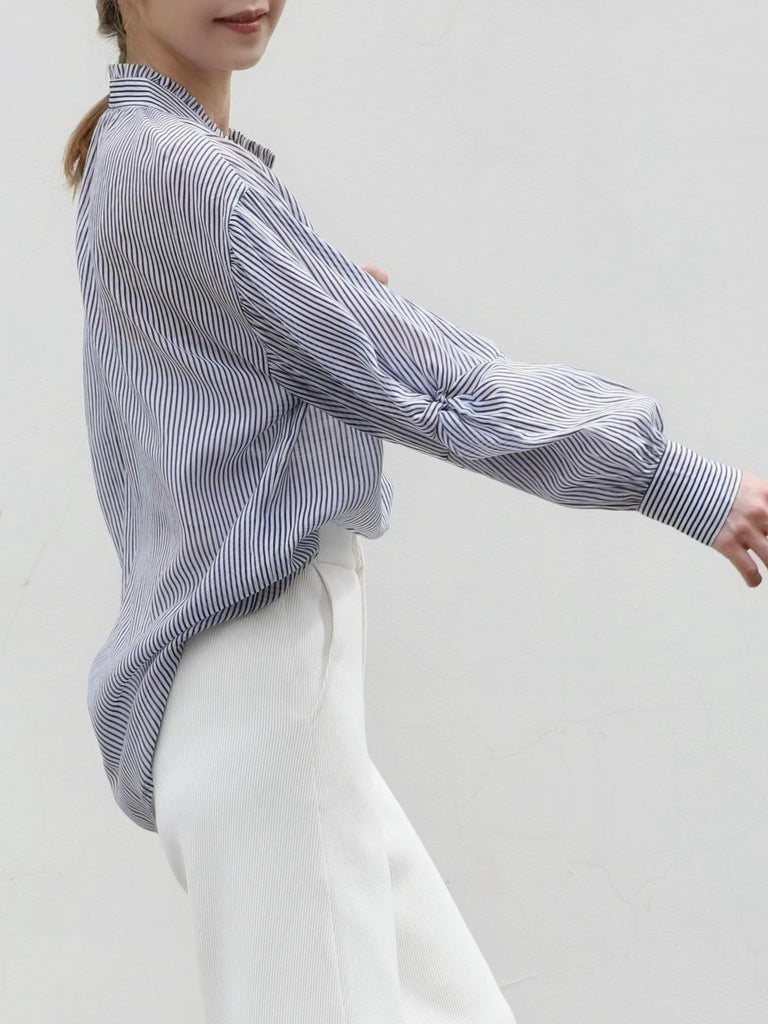 Blue White Striped Knot Balloon Sleeve Longline Blouse