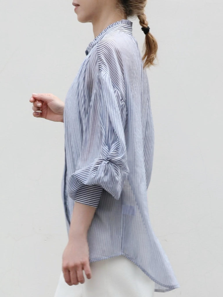 Blue White Striped Knot Balloon Sleeve Longline Blouse