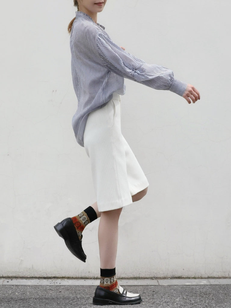 Blue White Striped Knot Balloon Sleeve Longline Blouse