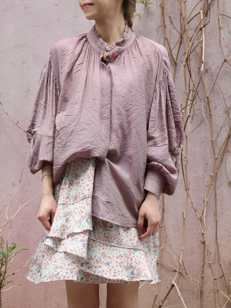 Dusty Violet Crinkled Knot Balloon Sleeve Longline Blouse