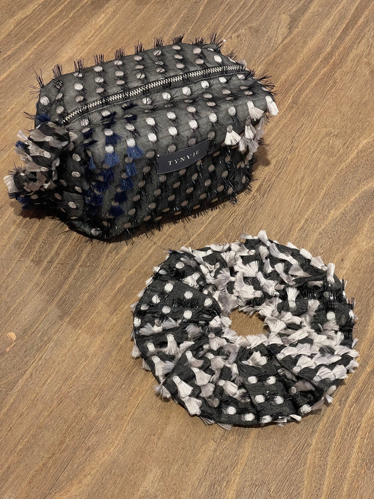 Textured Fringe Knotted Bow Boxy Pouch & Scrunchie Duo