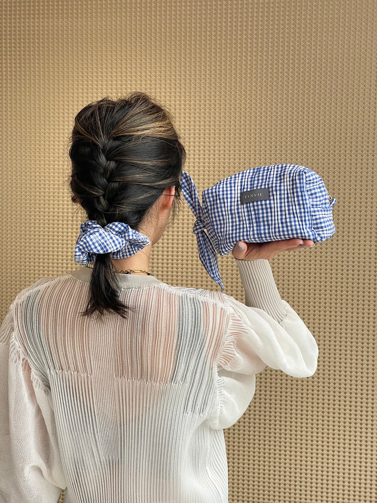 Gingham Check Knotted Bow Boxy Pouch & Scrunchie Duo