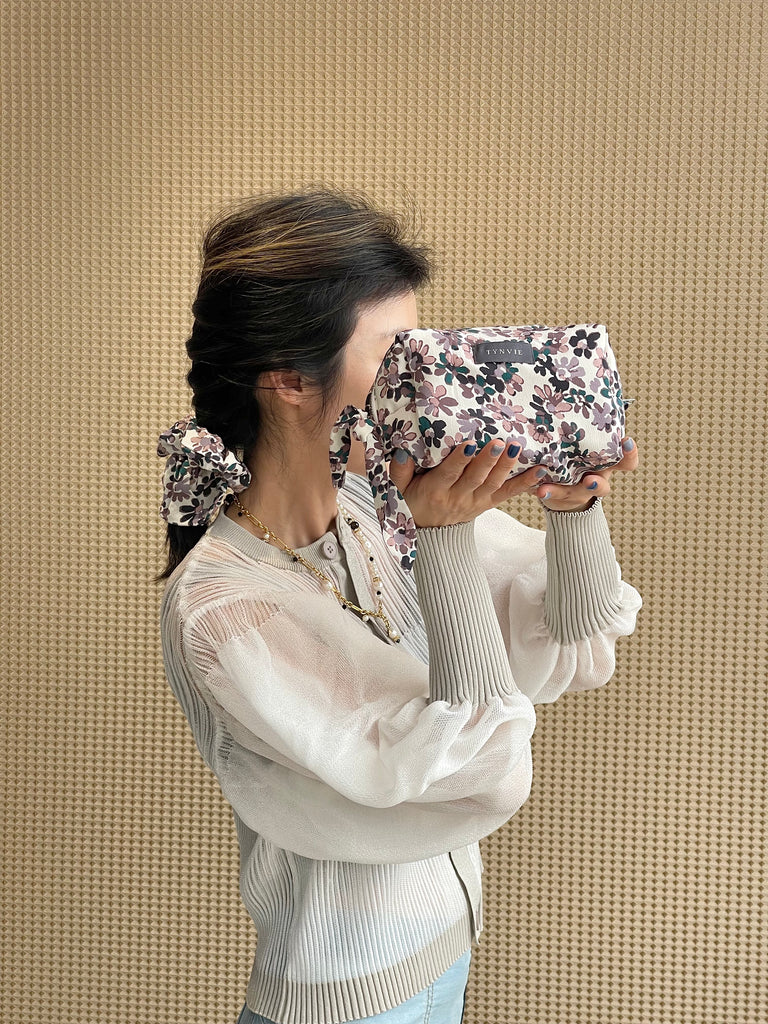 Painterly Floral Knotted Bow Boxy Pouch & Scrunchie Duo