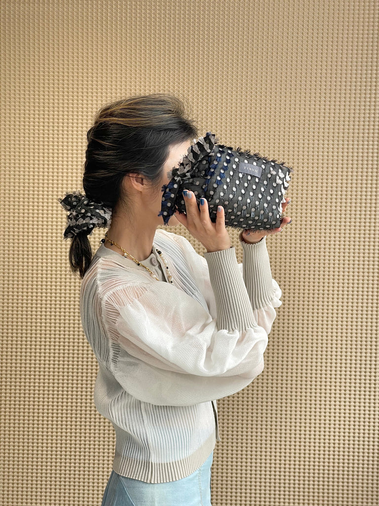 Textured Fringe Knotted Bow Boxy Pouch & Scrunchie Duo