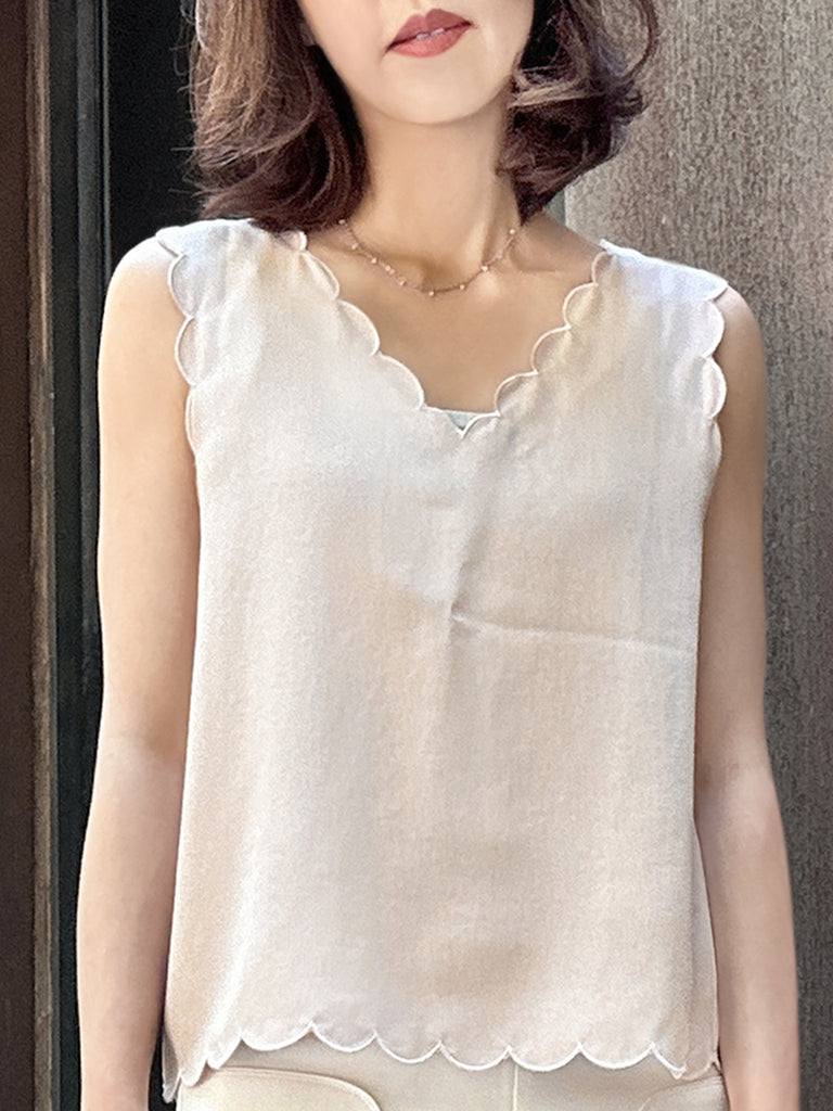 Final Sale! Misty Pink V-Neck Scalloped Texture Silk Tank