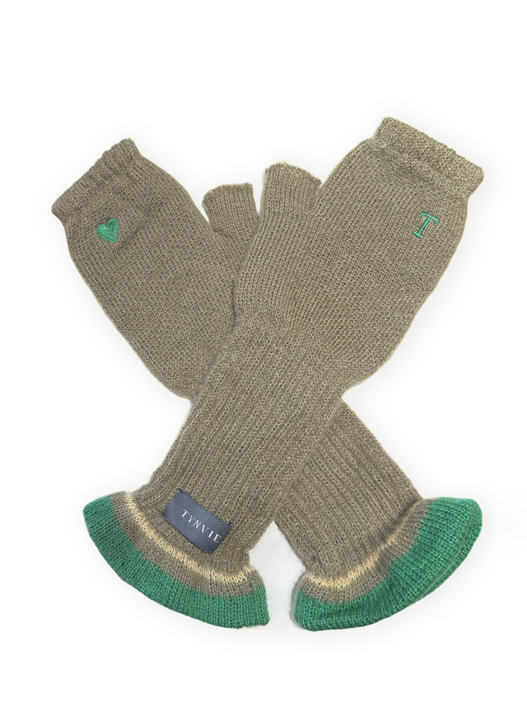 Greenish Grey Heart/ Logo Embroidered Ruffle Knitted Mittens