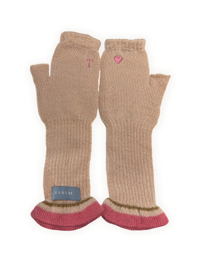 Beige Pink Heart/ Logo Embroidered Ruffle Knitted Mittens