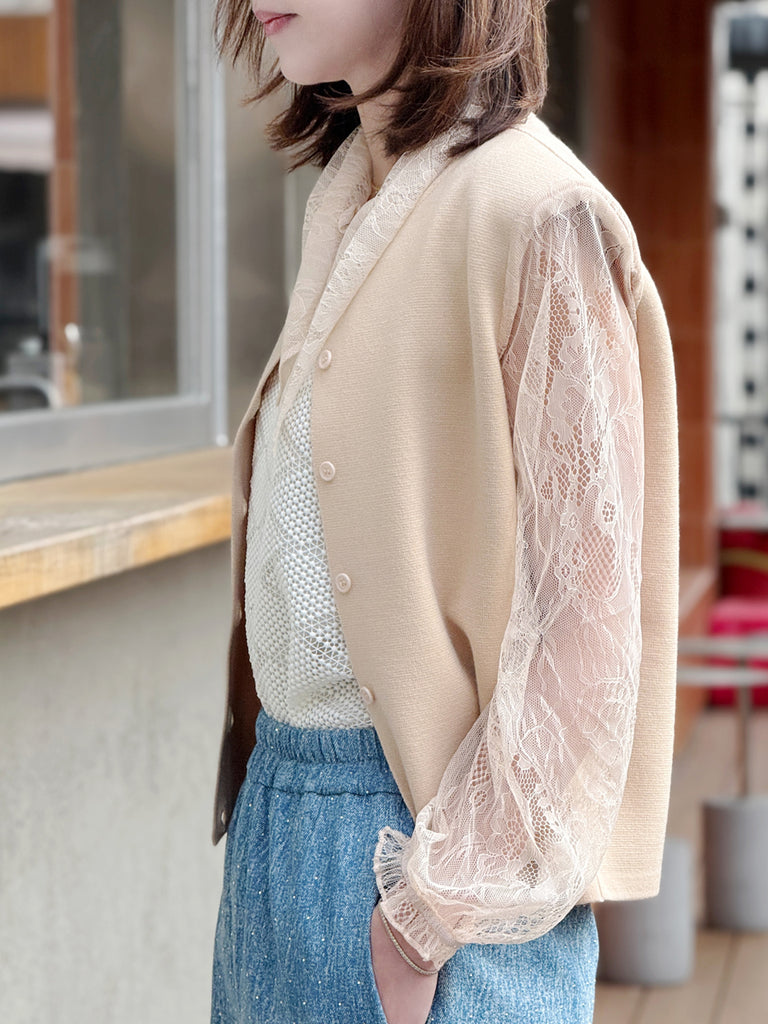 Ecru Lace Scarf Collar Woollen Padded Shoulder Cardigan