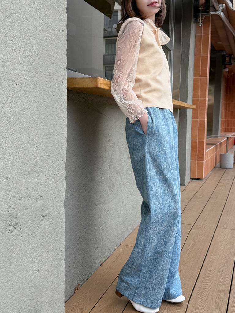 Ecru Lace Scarf Collar Woollen Padded Shoulder Cardigan