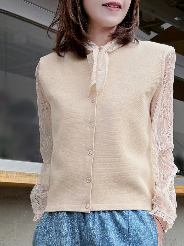 Ecru Lace Scarf Collar Woollen Padded Shoulder Cardigan