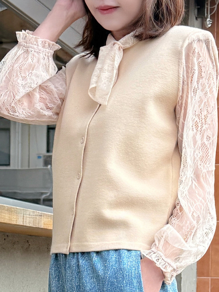 Ecru Lace Scarf Collar Woollen Padded Shoulder Cardigan