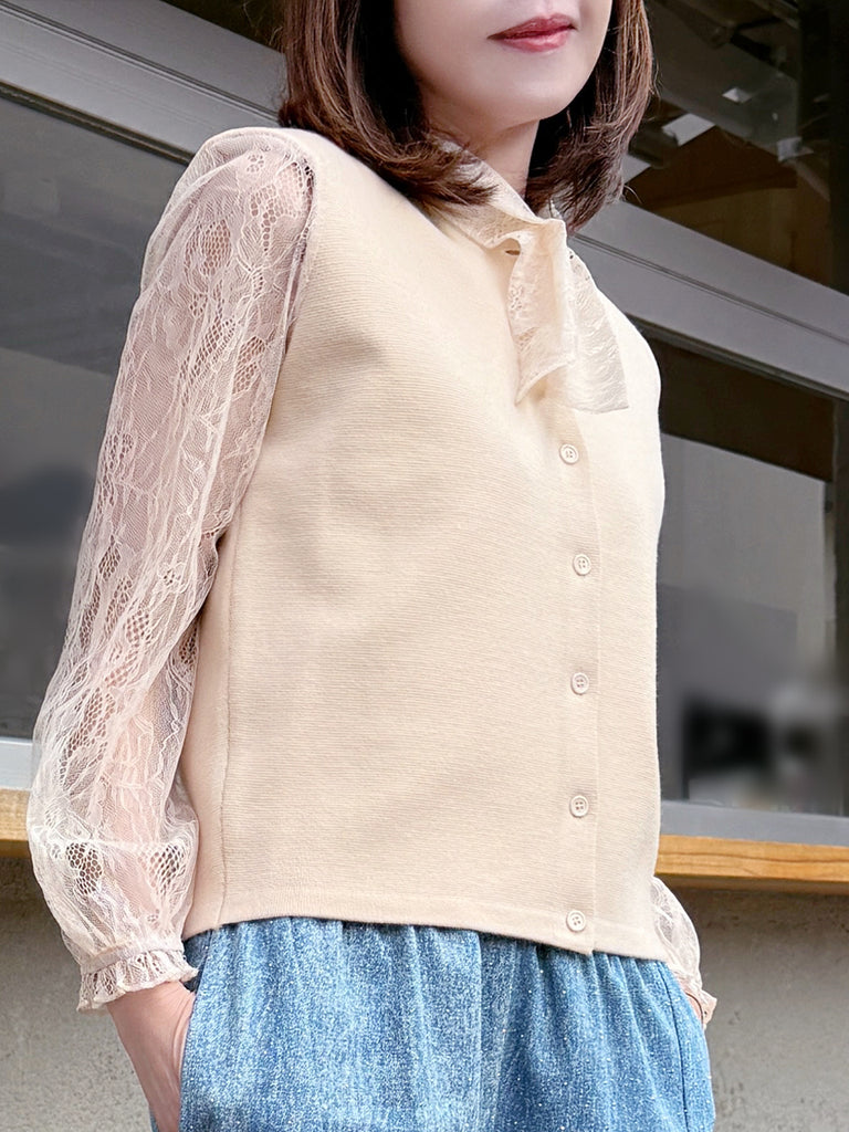 Ecru Lace Scarf Collar Woollen Padded Shoulder Cardigan