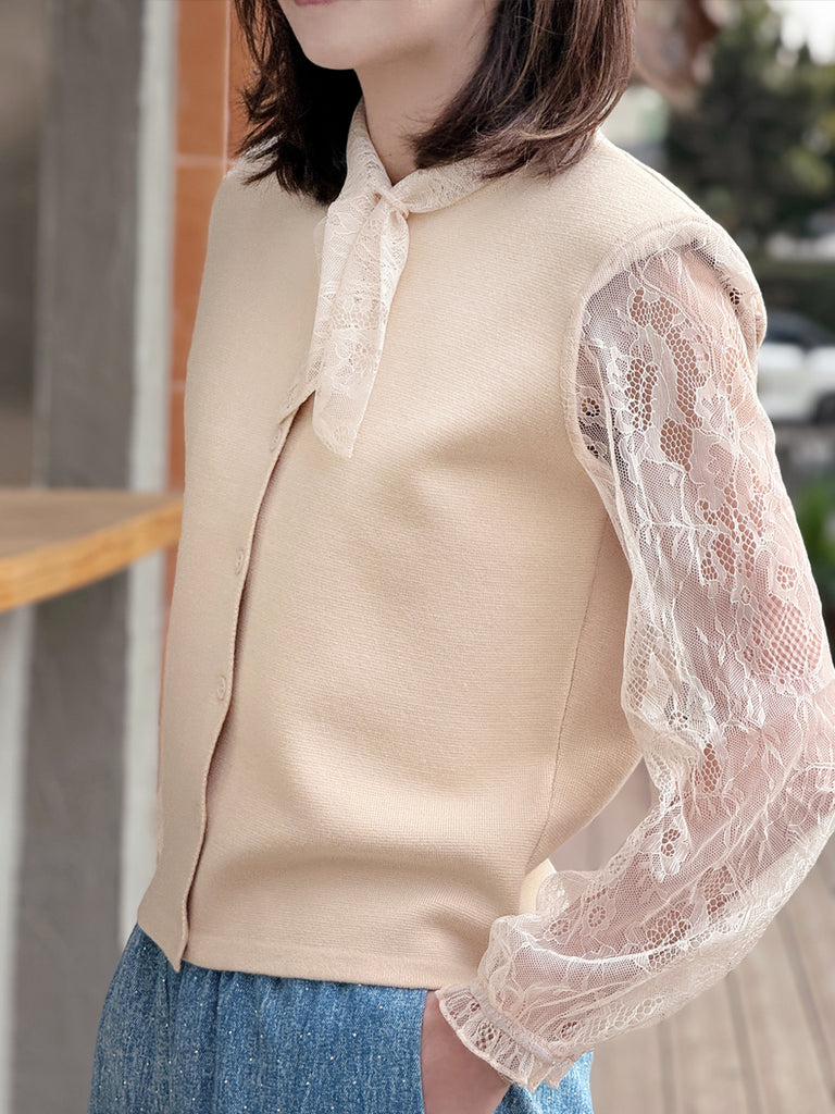 Ecru Lace Scarf Collar Woollen Padded Shoulder Cardigan
