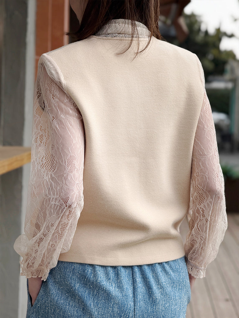 Ecru Lace Scarf Collar Woollen Padded Shoulder Cardigan