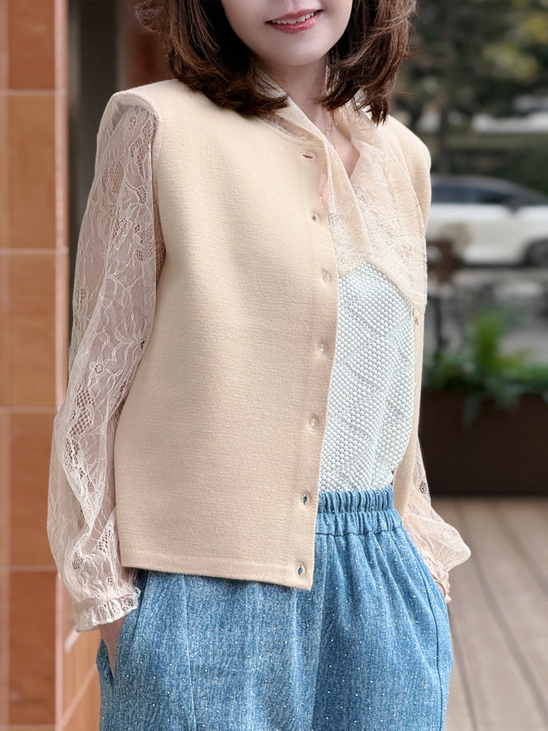 Ecru Lace Scarf Collar Woollen Padded Shoulder Cardigan
