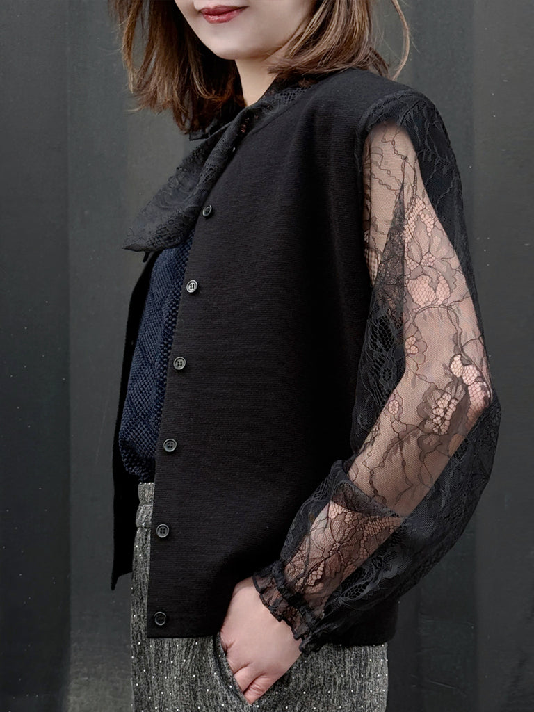 Black Lace Scarf Collar Woollen Padded Shoulder Cardigan