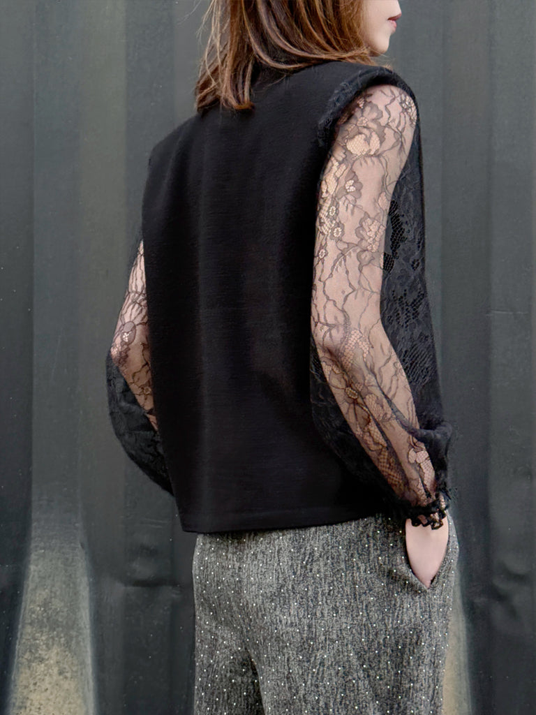 Black Lace Scarf Collar Woollen Padded Shoulder Cardigan