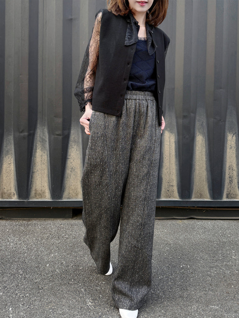 Black Lace Scarf Collar Woollen Padded Shoulder Cardigan