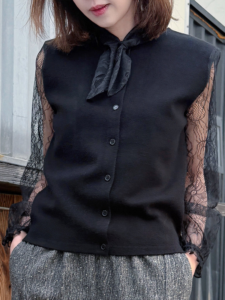 Black Lace Scarf Collar Woollen Padded Shoulder Cardigan