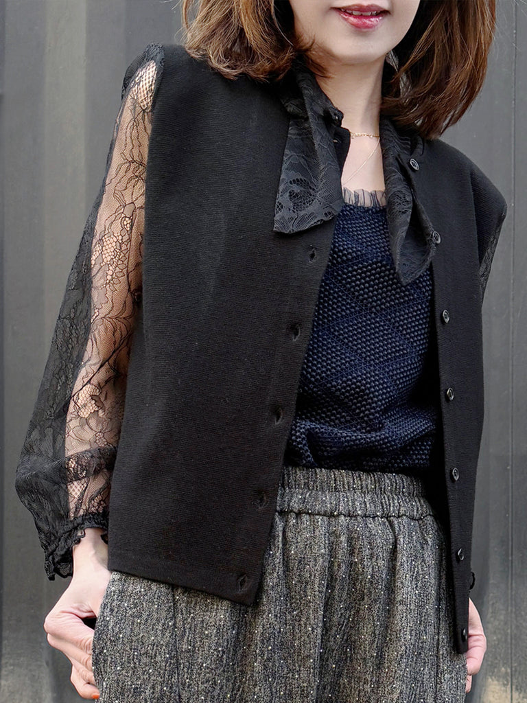 Black Lace Scarf Collar Woollen Padded Shoulder Cardigan