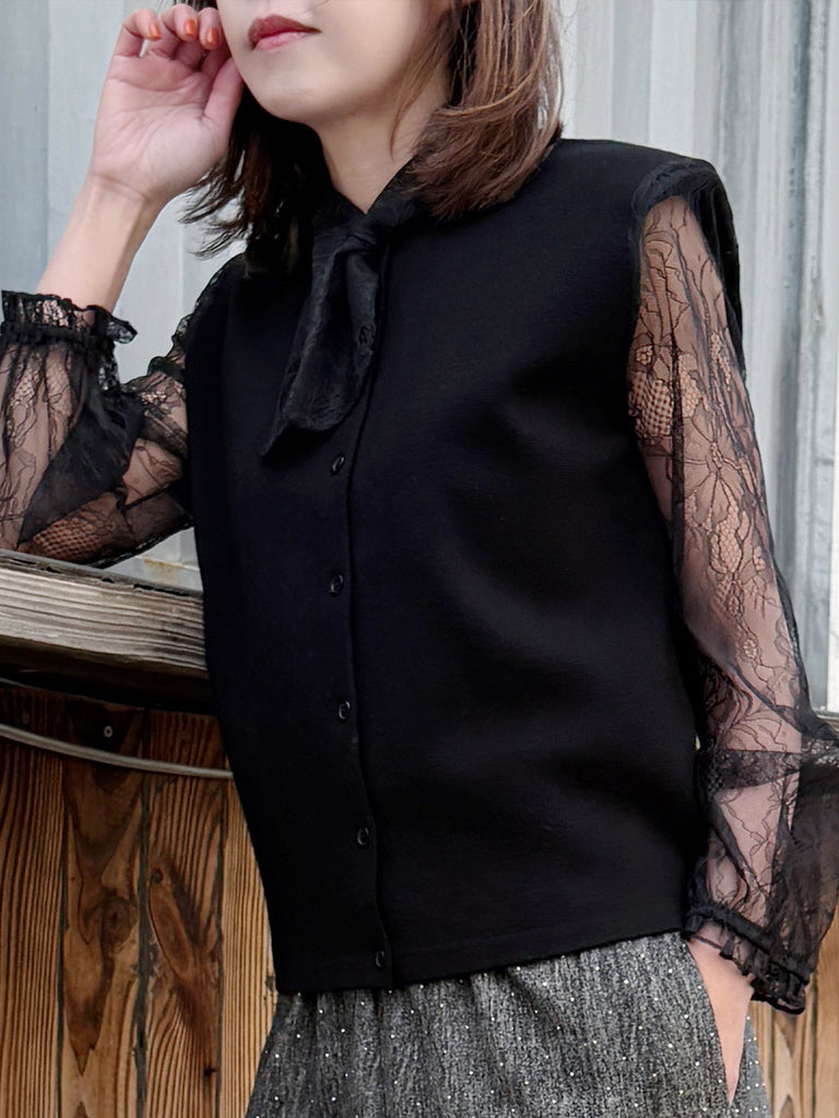 Black Lace Scarf Collar Woollen Padded Shoulder Cardigan