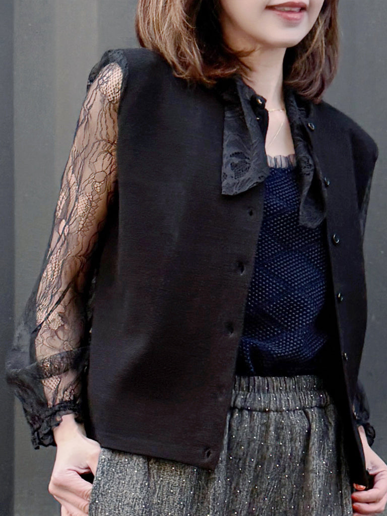 Black Lace Scarf Collar Woollen Padded Shoulder Cardigan