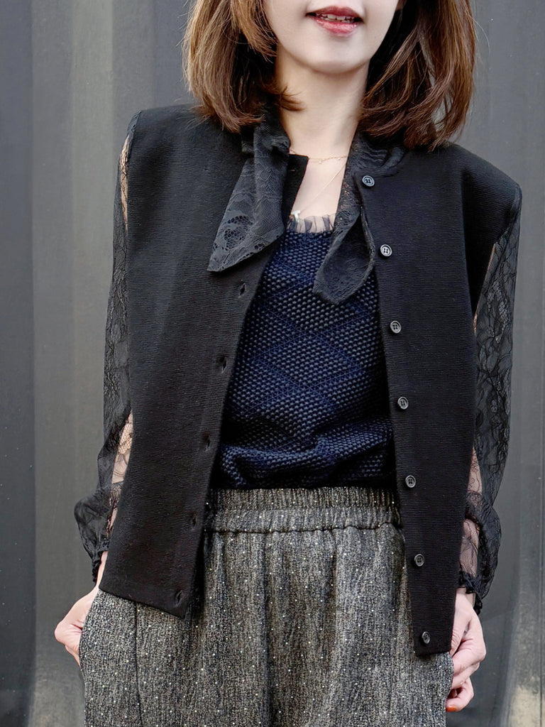 Black Lace Scarf Collar Woollen Padded Shoulder Cardigan