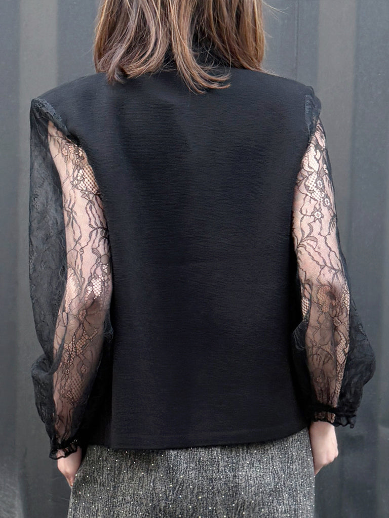 Black Lace Scarf Collar Woollen Padded Shoulder Cardigan