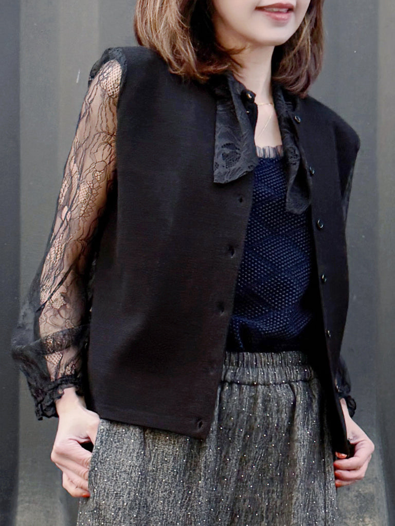 Black Lace Scarf Collar Woollen Padded Shoulder Cardigan