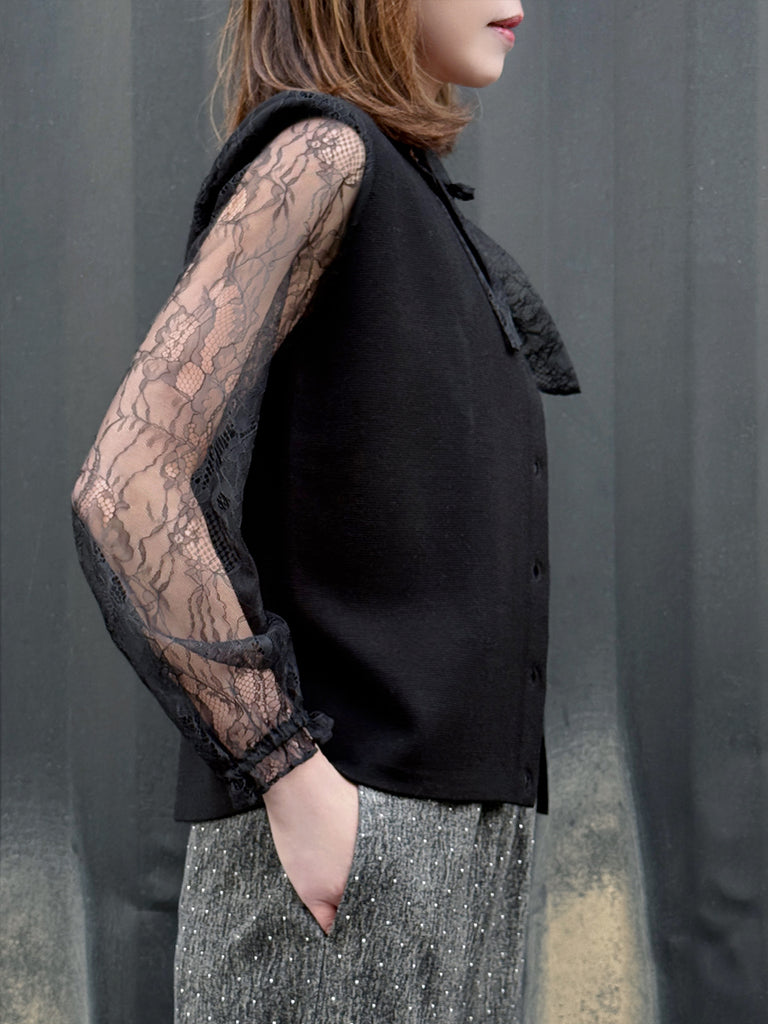 Black Lace Scarf Collar Woollen Padded Shoulder Cardigan