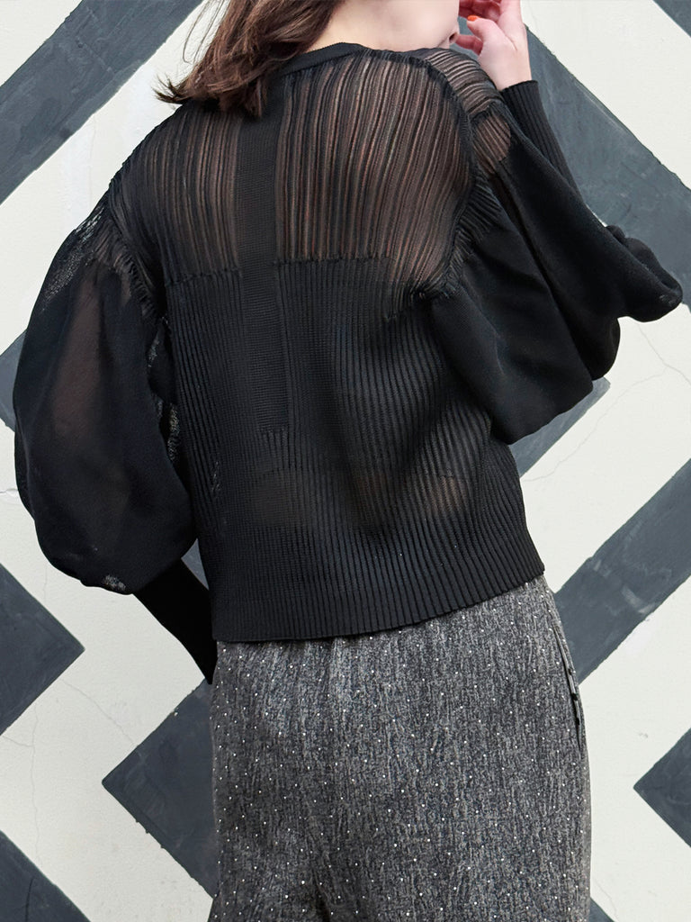 Black Organza Balloon Sleeves Pleated Yoke Knitted Cardigan
