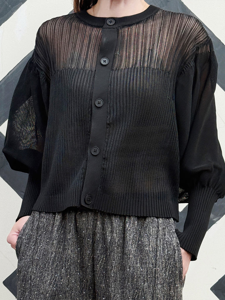 Black Organza Balloon Sleeves Pleated Yoke Knitted Cardigan