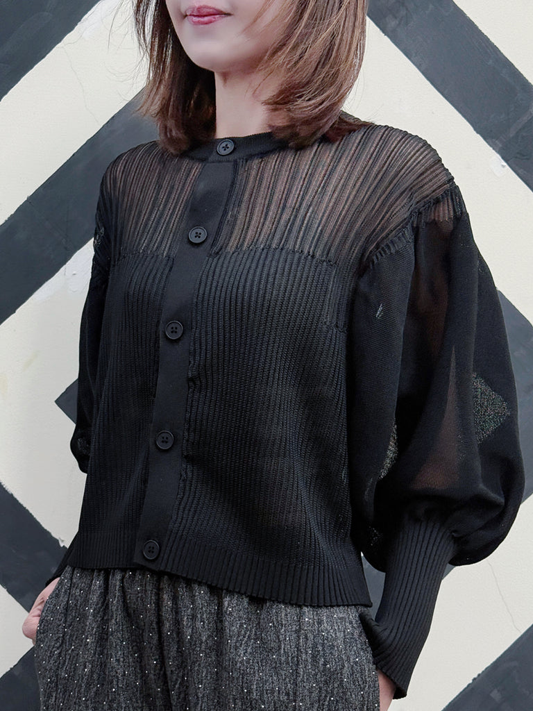 Black Organza Balloon Sleeves Pleated Yoke Knitted Cardigan