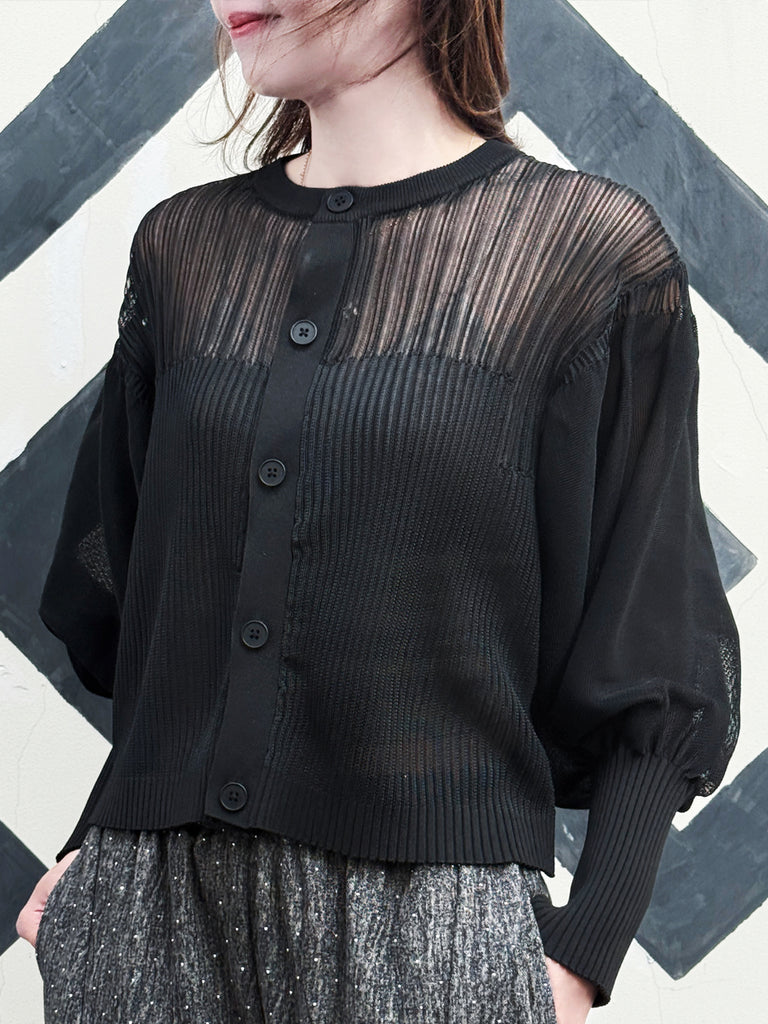 Black Organza Balloon Sleeves Pleated Yoke Knitted Cardigan