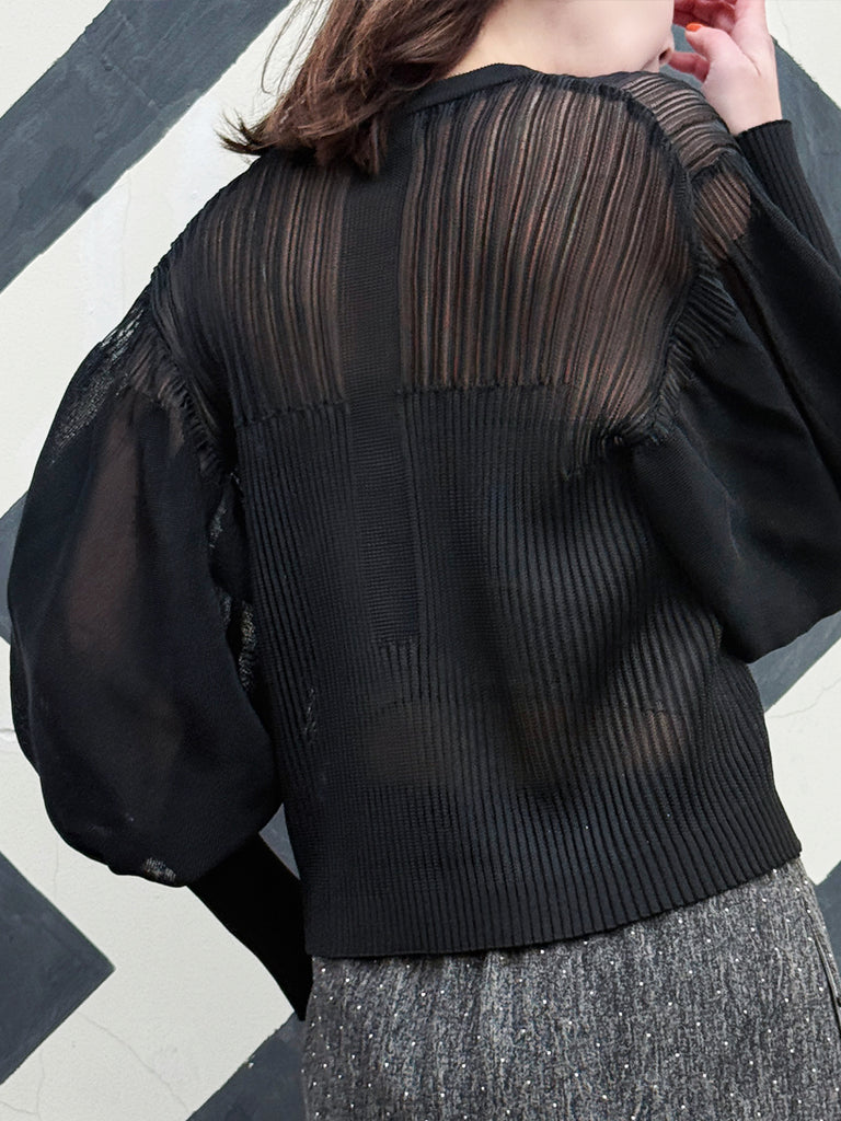 Black Organza Balloon Sleeves Pleated Yoke Knitted Cardigan