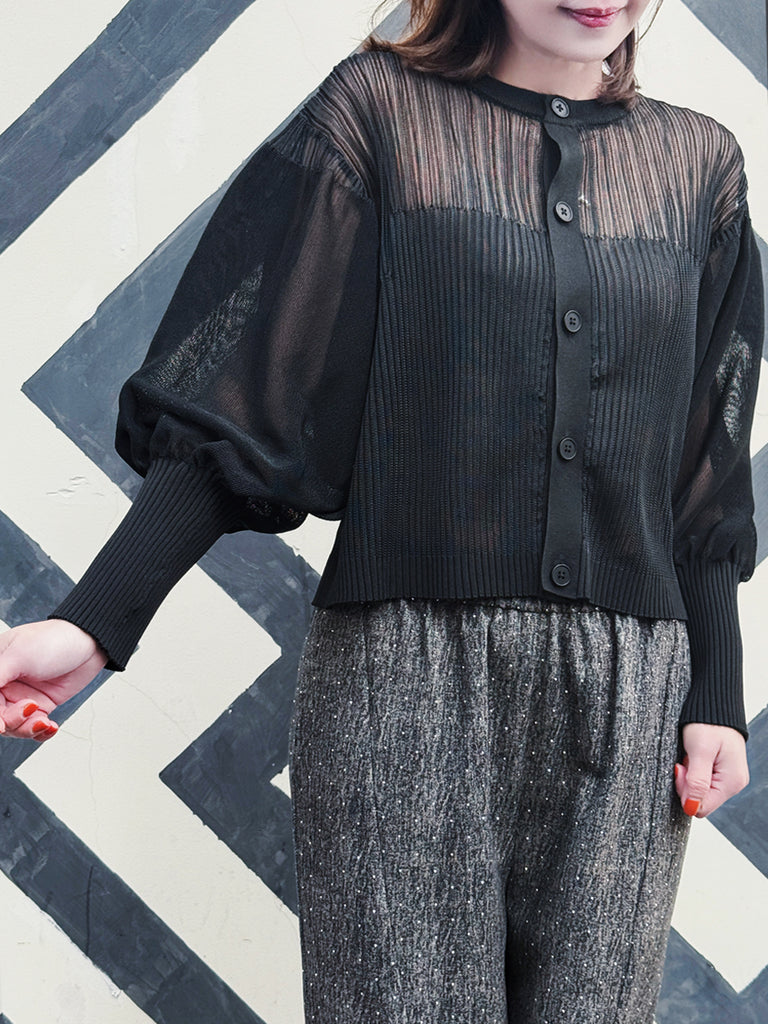 Black Organza Balloon Sleeves Pleated Yoke Knitted Cardigan