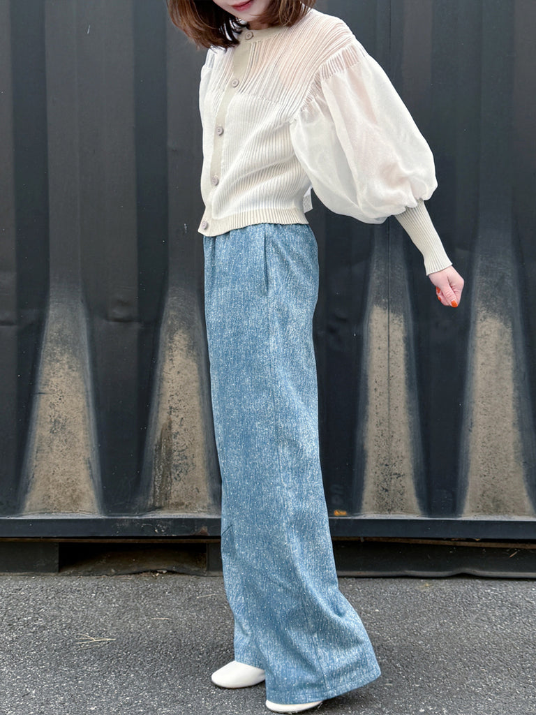 White Organza Balloon Sleeves Pleated Yoke Knitted Cardigan