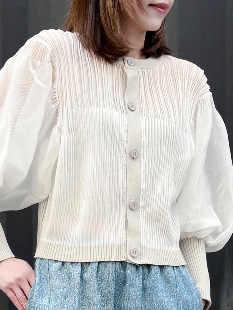 White Organza Balloon Sleeves Pleated Yoke Knitted Cardigan