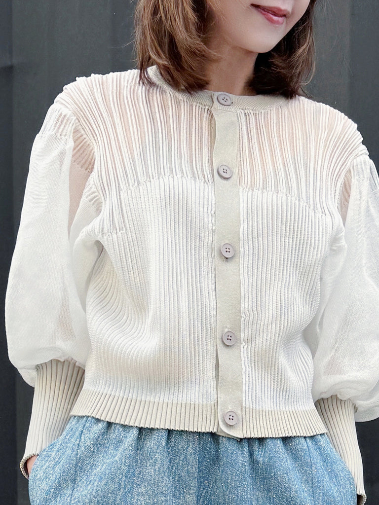 White Organza Balloon Sleeves Pleated Yoke Knitted Cardigan