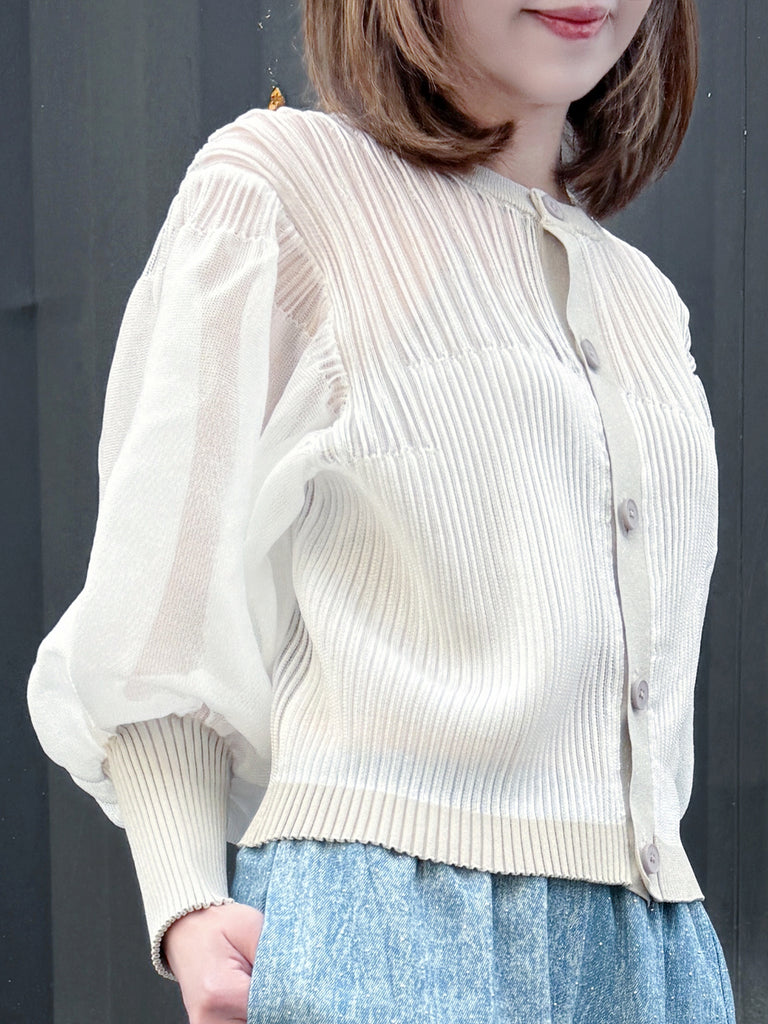 White Organza Balloon Sleeves Pleated Yoke Knitted Cardigan