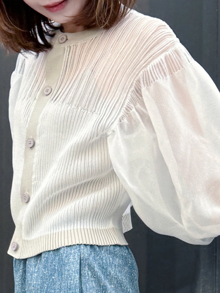 White Organza Balloon Sleeves Pleated Yoke Knitted Cardigan