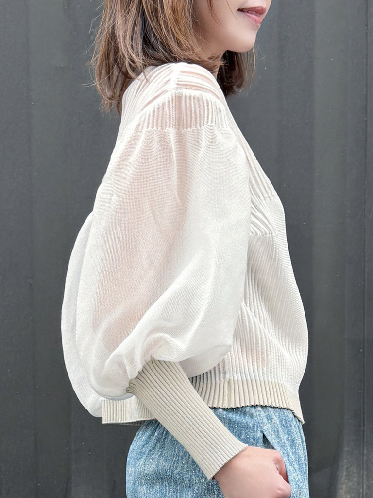 White Organza Balloon Sleeves Pleated Yoke Knitted Cardigan