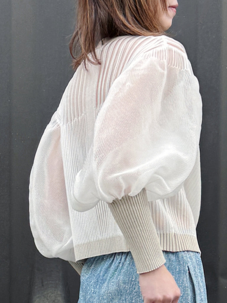 White Organza Balloon Sleeves Pleated Yoke Knitted Cardigan