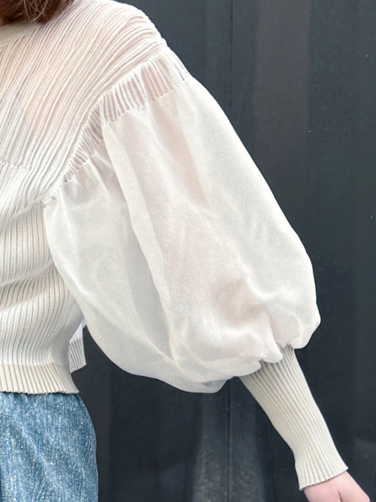 White Organza Balloon Sleeves Pleated Yoke Knitted Cardigan