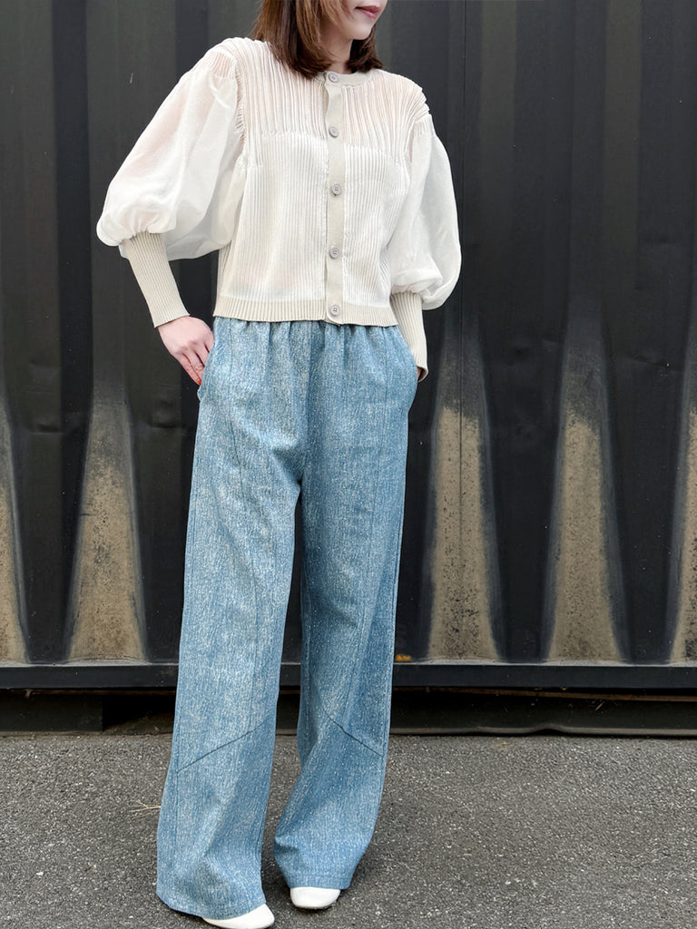 White Organza Balloon Sleeves Pleated Yoke Knitted Cardigan